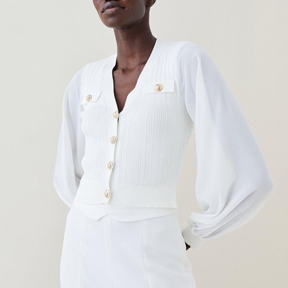 Karen Millen Military Rib Knit Georgette Sleeve Cardigan